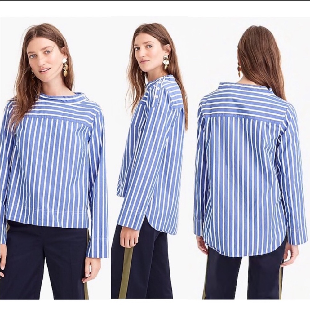 J. Crew blue and white funnelneck stripe blouse